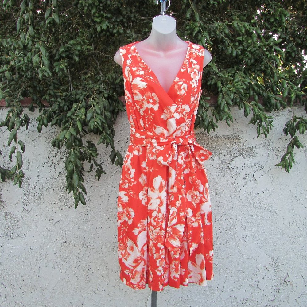 L Ralph Lauren coral orange floral cotton dress 10